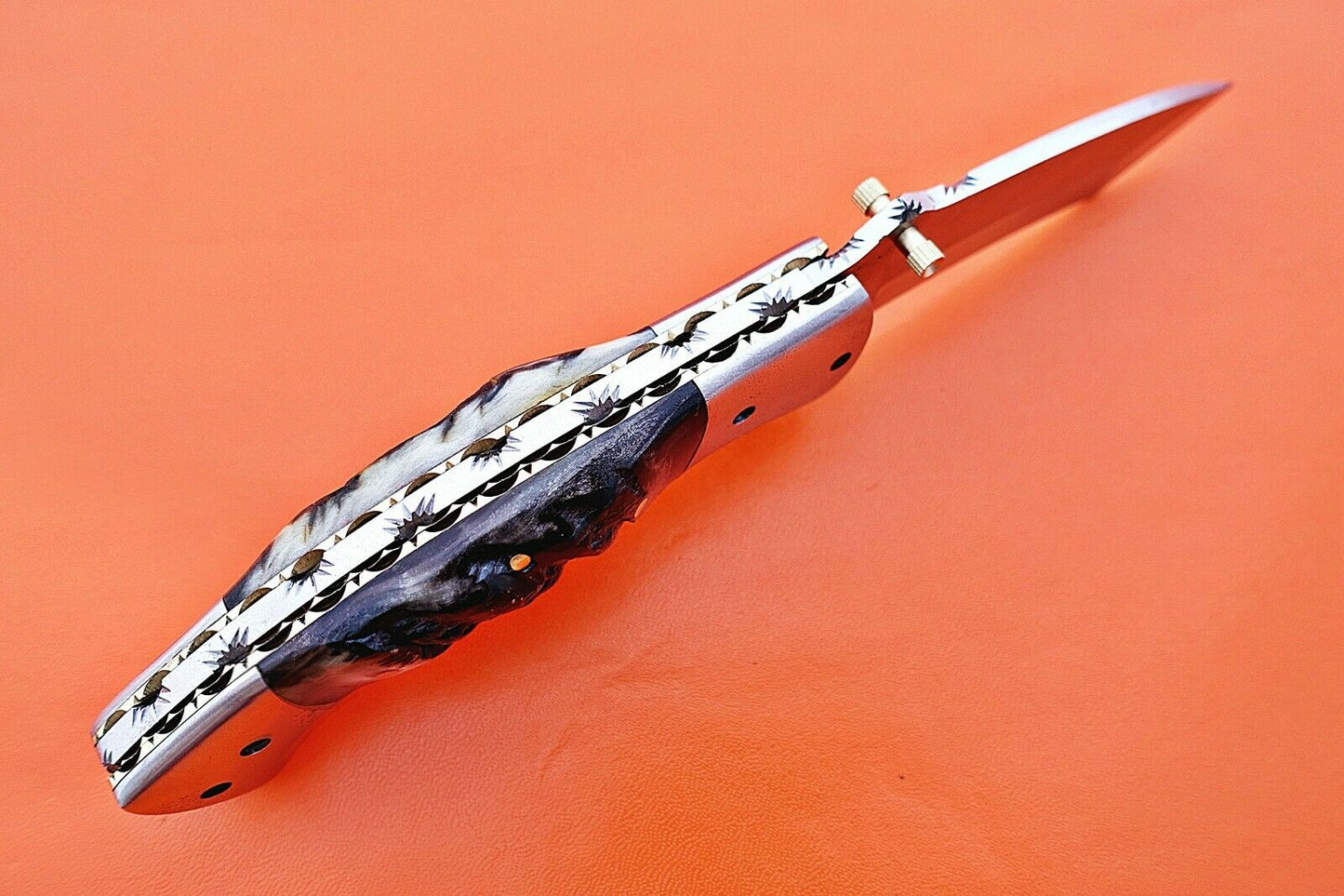Custom Handmade Stainless Steel Bolsters Folding-Pocket Knife With Ram Horn Handle