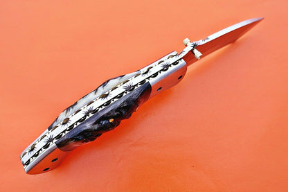 Custom Handmade Stainless Steel Bolsters Folding-Pocket Knife With Ram Horn Handle