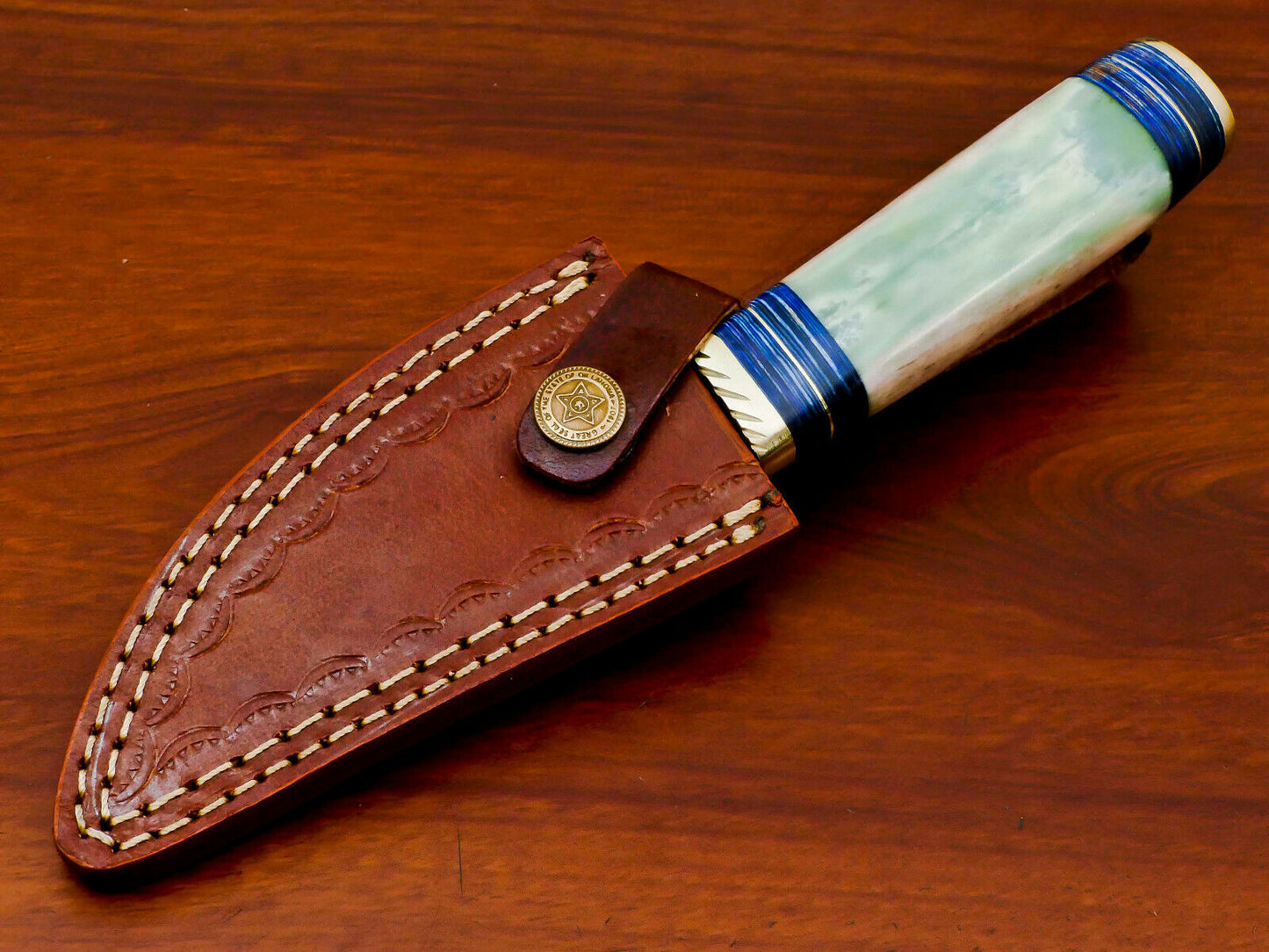 HS-477 8 Inch Custom Handmade Damascus Skinner/Hunting Knife With Camel Bone Handles