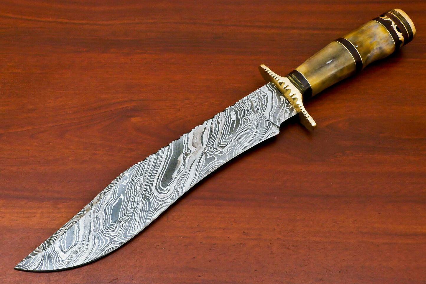 HS-489 Custom Handmade Damascus Bowie-Hunting Knife With Camel Bone Handle