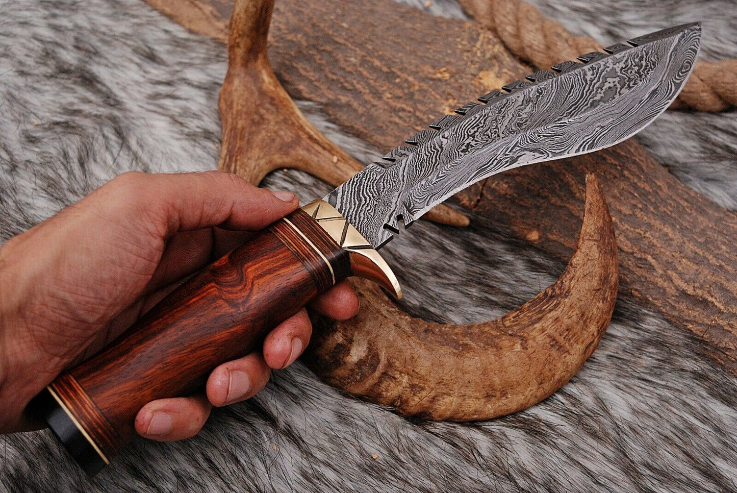 HS-872 Custom Handmade Damascus Steel 12 Inch Kukri Knife - Awesome Hard Wood Handle