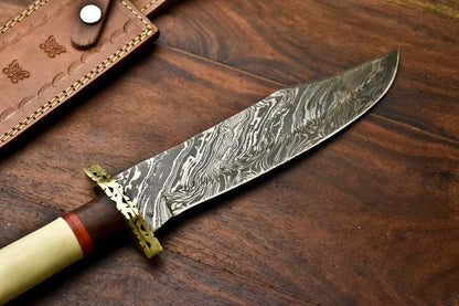 HS-332 | Custom Handmade Damascus Steel Hunitng/Bowie Knife - Camel Bone Handle