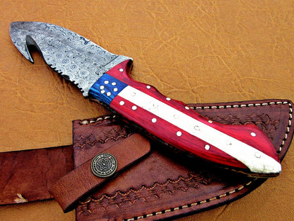 HS-774 Custom Handmade Damascus Skinner Knife With Camel Bone & Hard Wood Handle