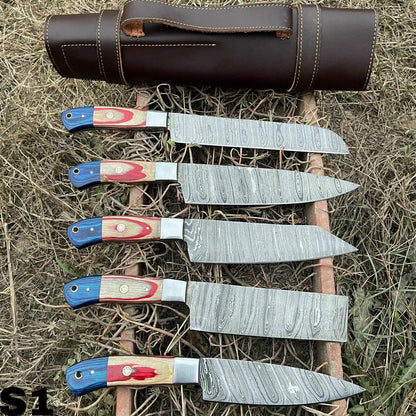 HS-129 '' Hand Forged Damascus Steel Hunting Chef Kitchen Knife Set W/ Sheath