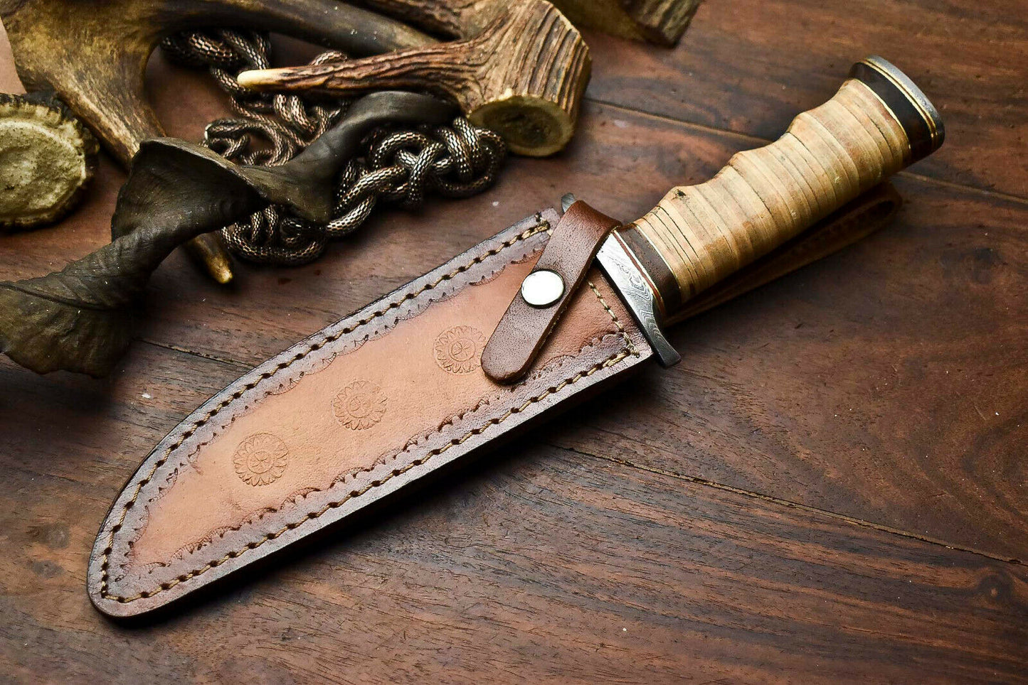 HS-331 | Custom Handmade Damascus Steel Hunitng/Bowie Knife - Leather Handle