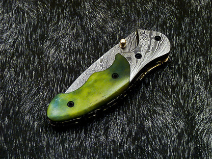Damascus Liner Lock Folding Knife – Camel Bone Handle | HS-1121