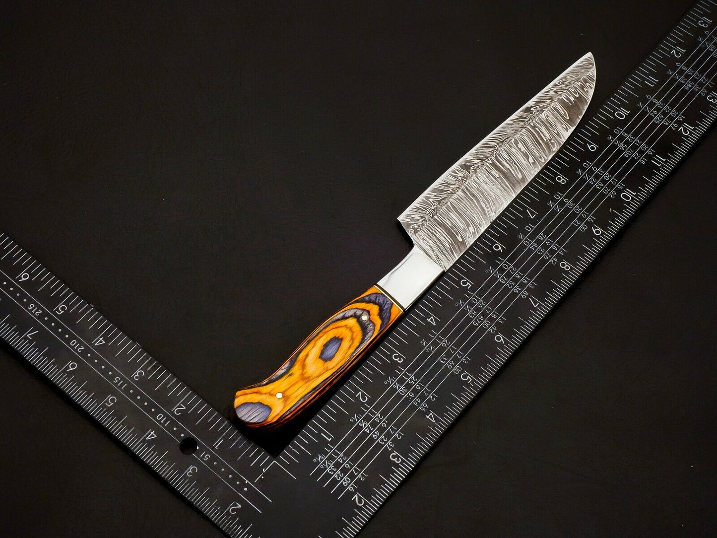 Complete Damascus kitchen knife set with sheath and stand display