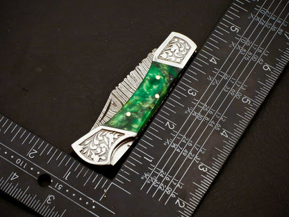 Damascus Steel Back Lock Folding Knife – Resin Handle | HS-1113