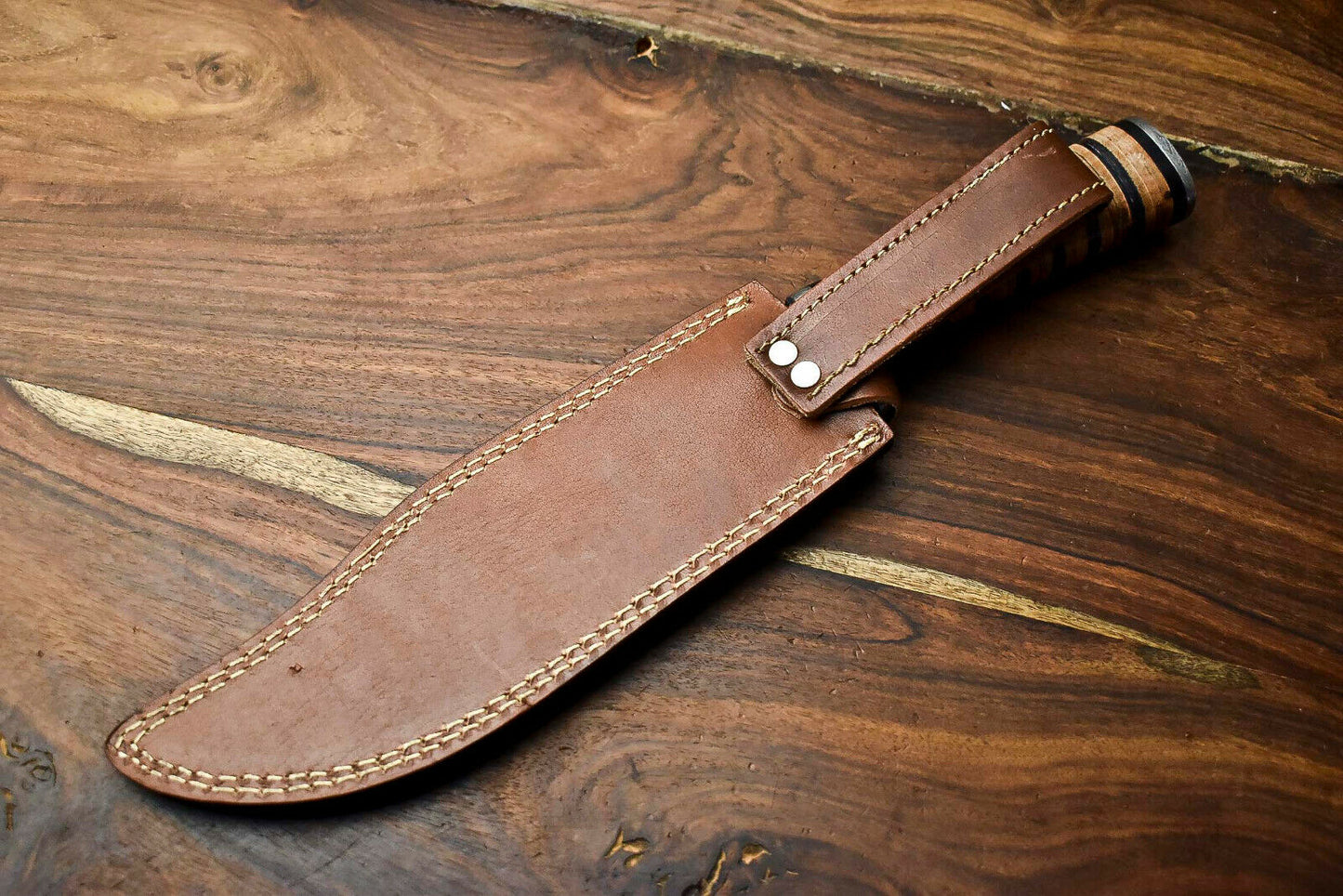 HS-316 Custom Hand Made Damascus Steel Blade Bowie Hunting Knife | LEATHER