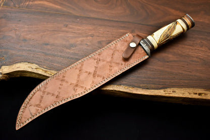 HS-334 | Custom Handmade Damascus Steel Hunitng/Bowie Knife - Engraved Camel Bone Handle