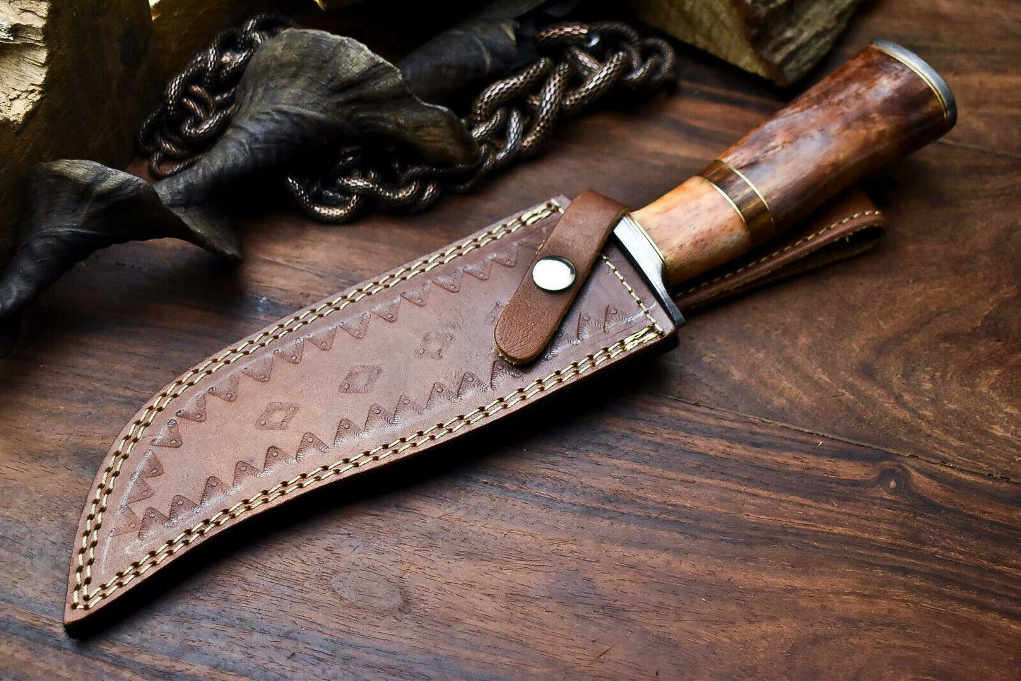 HS-410 | Custom Handmade Damascus Steel Hunting Knife - Camel Bone Handle