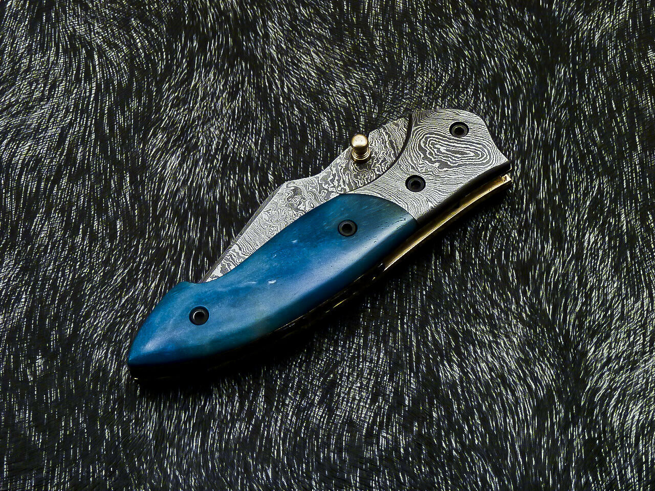 Damascus Liner Lock Pocket Knife – Camel Bone & Damascus Bolster | HS-1122