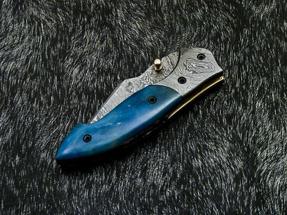 Damascus Liner Lock Pocket Knife – Camel Bone & Damascus Bolster | HS-1122