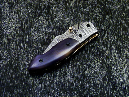 Damascus Pocket Folding Knife – Stained Camel Bone | Liner Lock | HS-1123