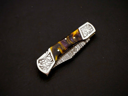 HS-1108 Custom Hand Forged Damascus Steel Back Lock Resin Handle Knife