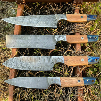 HS-127 '' Hand Forged Damascus Steel Hunting Chef Kitchen Knife Set W/ Sheath