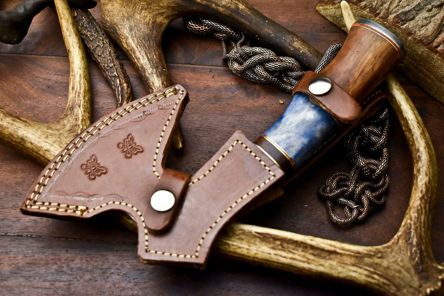 HS-1057 | Custom Hand Made Damascus Blade Hunting Hatchet Mini Viking Axe | Camel Bone & Wood