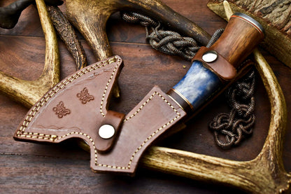 HS-1057 | Custom Hand Made Damascus Blade Hunting Hatchet Mini Viking Axe | Camel Bone & Wood