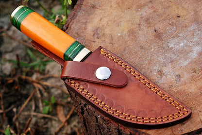 HS-496 Custom Handmade Damascus Hunting Knife With Beautiful Orange Camel Bone Handle
