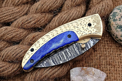 Custom Handmade Damascus Folding-Pocket Knife With Blue Colour Bone+Engraved Handle