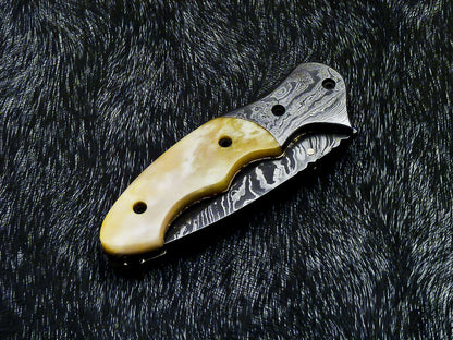 Damascus Liner Lock Folding Knife – Camel Bone | Twist Blade | HS-1124