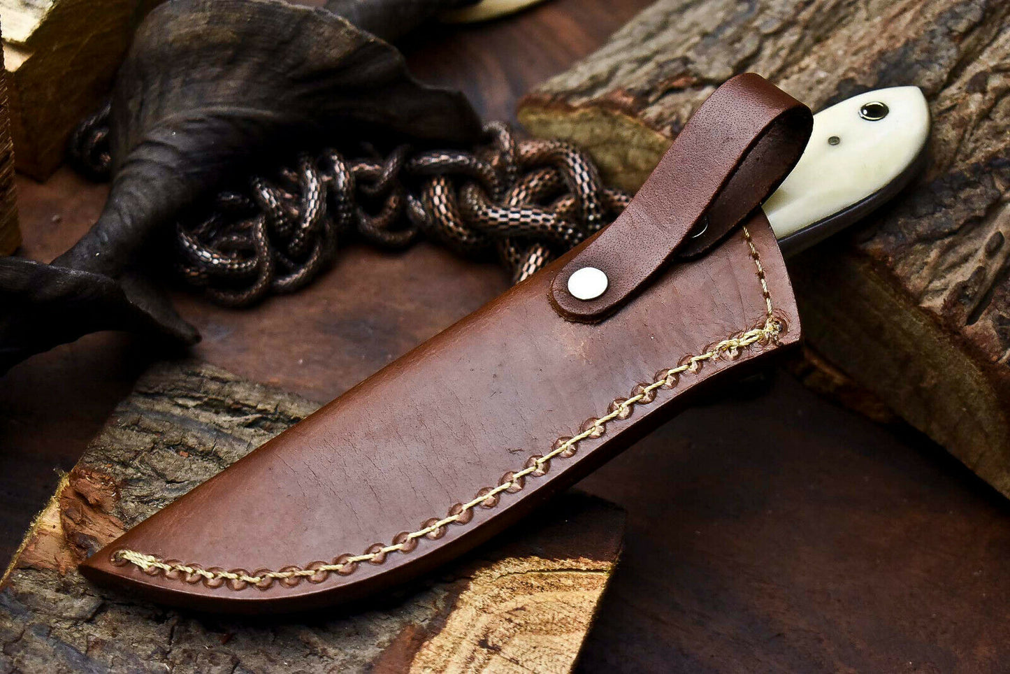 HS-718 Custom Handmade Camel Bone & Wood Hanlde Damascus Steel Skinner Knife - Great Price