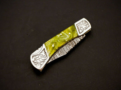 Damascus Folding Knife Back Lock Knife Resin Handle Knife HS-1107