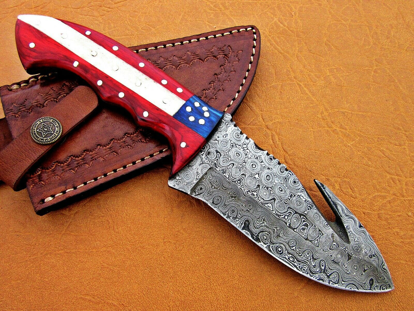 HS-774 Custom Handmade Damascus Skinner Knife With Camel Bone & Hard Wood Handle