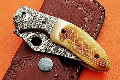 Custom Handmade Damascus Folding/Pocket Knife With Engraved Camel Bone Handle
