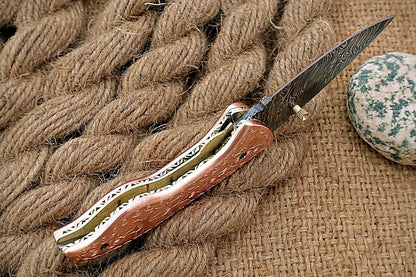 Custom Handmade Damascus Folding-Pocket Knife With Copper Engraved Handle