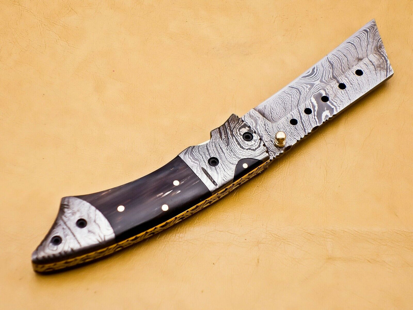 Custom Handmade Damascus Folding-Pocket Knife With Buffalo Horn Handle