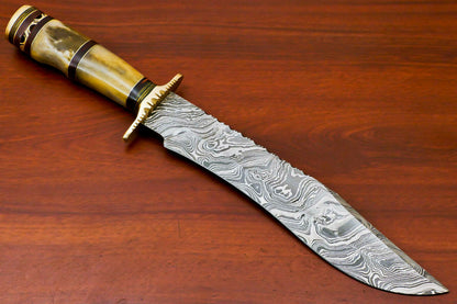 HS-489 Custom Handmade Damascus Bowie-Hunting Knife With Camel Bone Handle