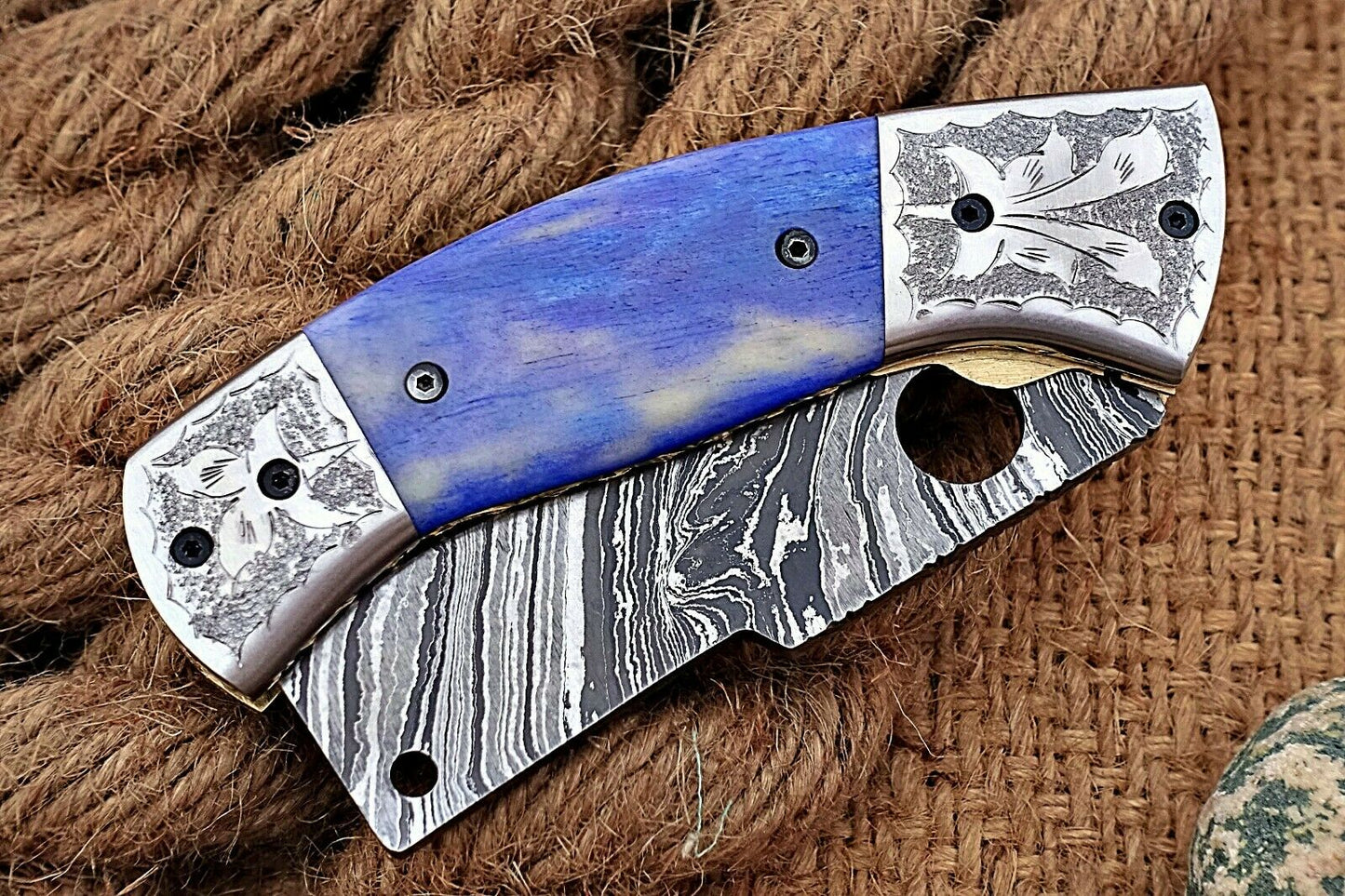 Custom Handmade Damascus Folding-Pocket Knife With Camel Bone Handle
