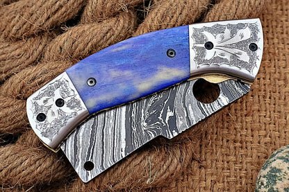 Custom Handmade Damascus Folding-Pocket Knife With Camel Bone Handle