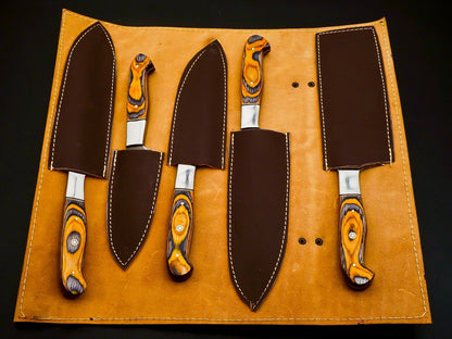 Luxury Damascus kitchen knife set Leather Kit