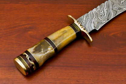 HS-489 Custom Handmade Damascus Bowie-Hunting Knife With Camel Bone Handle