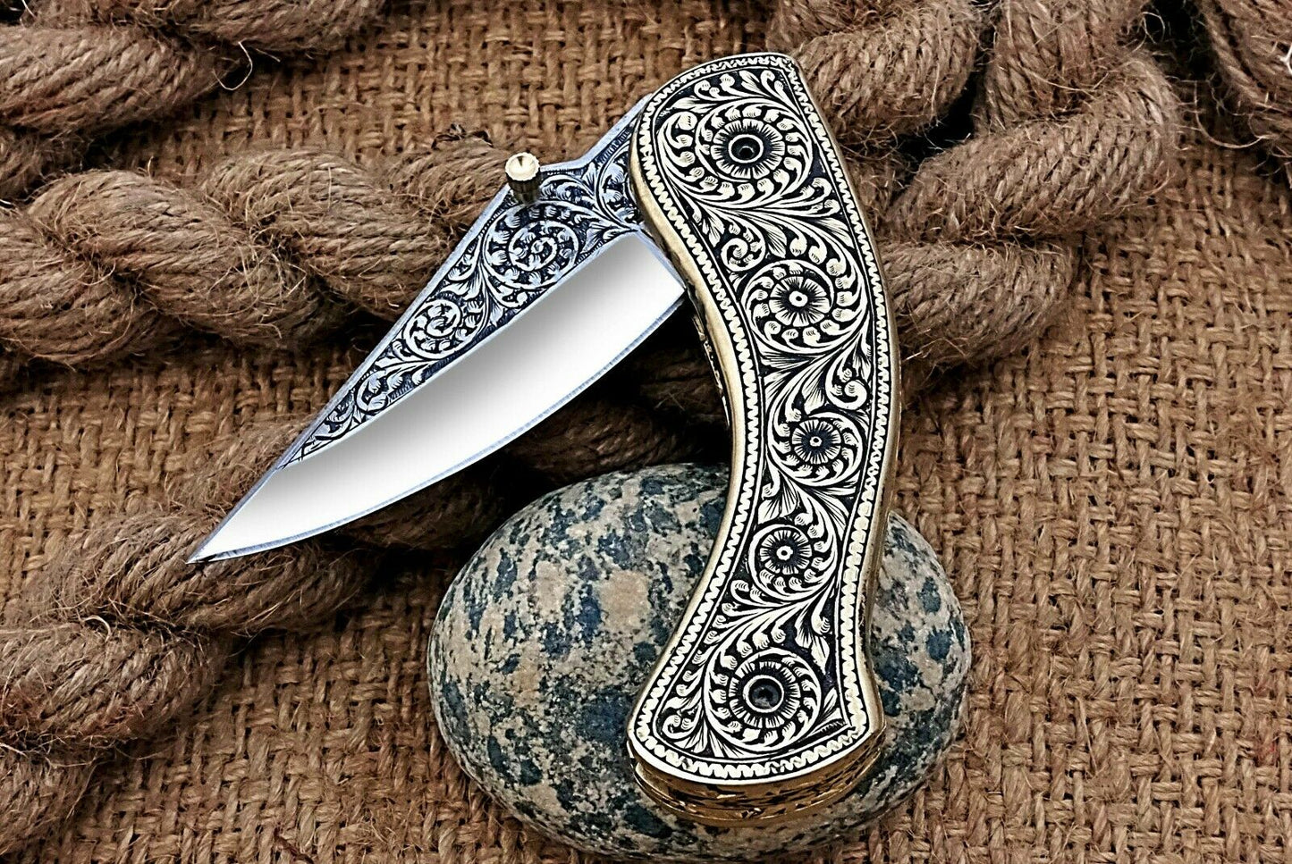 Hand Engraved Brass Handle Folding Pocket Knife — Lifetime Use