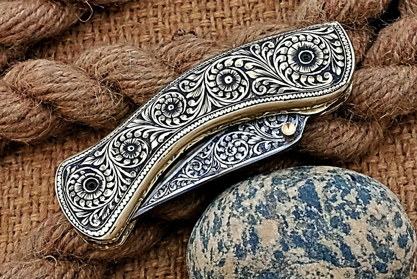 Hand Engraved Brass Handle Folding Pocket Knife — Lifetime Use