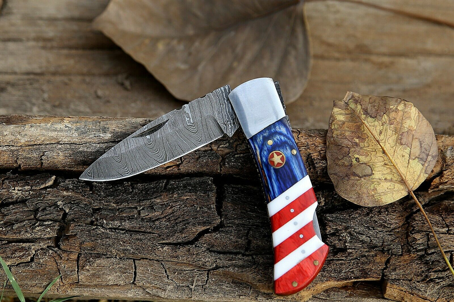 Custom Handmade Damascus Folding-Pocket Knife With American Flag Handle