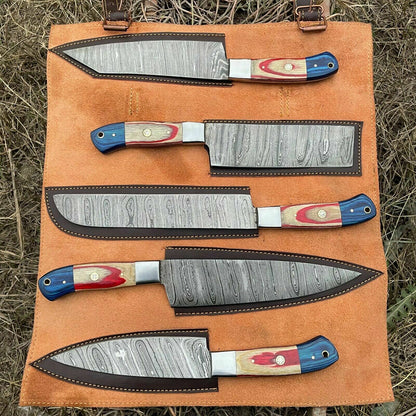 HS-129 '' Hand Forged Damascus Steel Hunting Chef Kitchen Knife Set W/ Sheath