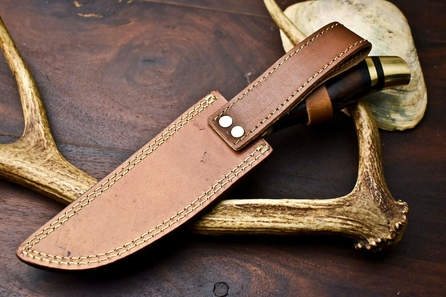 HS-328 | Custom Handmade Damascus Steel Hunitng/Bowie Knife - Wood + Brass Handle
