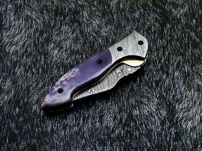 Damascus Pocket Folding Knife – Stained Camel Bone | Liner Lock | HS-1123