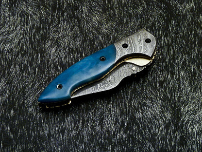 Damascus Liner Lock Pocket Knife – Camel Bone & Damascus Bolster | HS-1122