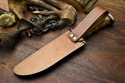 HS-331 | Custom Handmade Damascus Steel Hunitng/Bowie Knife - Leather Handle