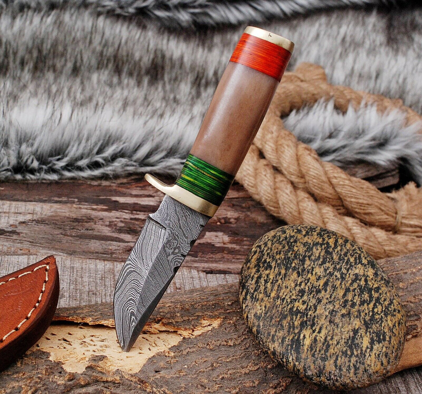 HS-794 Six Inch Custom Handmade Damascus Skinner Knife With Wood & Bone Handle