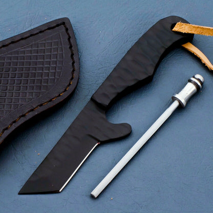 HS-946 Hand Forged J2 Steel Bull Cutter Knife – Ceramic Coated Blade with Leather Sheath