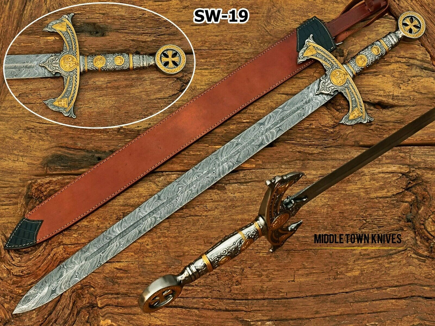 HS-1093 | Fully Handmade Damascus Steel Viking Medieval Sword, Customized leather Cover Gift for husband
