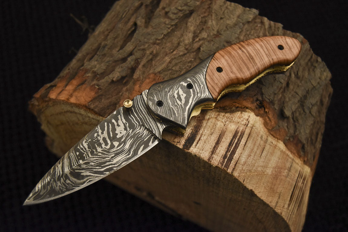 Custom Handmade Damascus Folding/Pocket Knife With Wood Handle