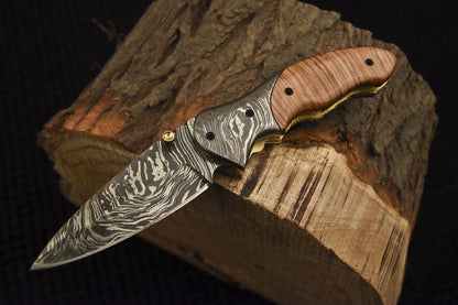 Custom Handmade Damascus Folding/Pocket Knife With Wood Handle