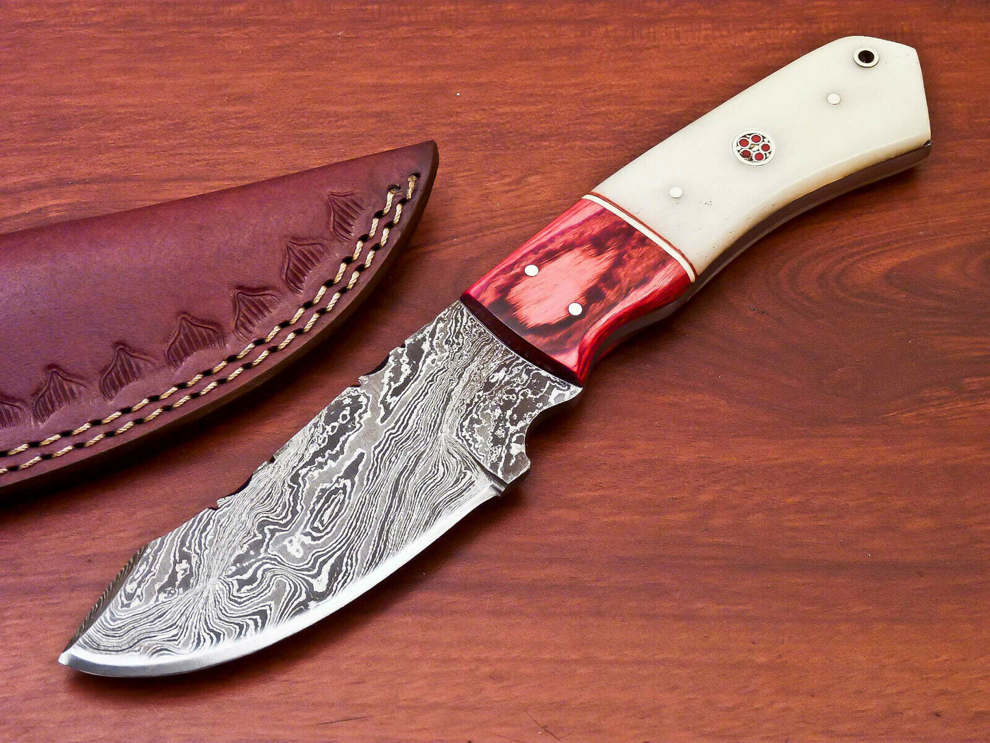HS-819 Custom Handmade Damascus Skinner Knife With Camel Bone and Wood Handle